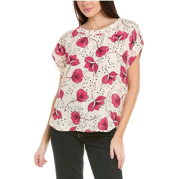 Cabi Boxy Top Size Small Floral Short Sleeve Pink Cream Polka Dot Spring Boho - Picture 1 of 9